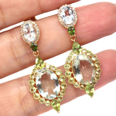 Gmestone 10 X 14 Mm. Green-Amethyst Peridot Topas Diopsid Ohrringe 925 Silber - Bild 1 von 4