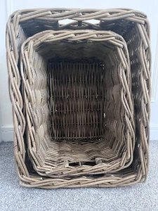 Rectangular Grey & Buff Rattan Deep Wicker Storage Basket Shelf Unit Woven M/L - Picture 1 of 7