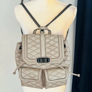 REBECCA MINKOFF QUILTED LOVE LEATHER BACKPACK PURSE, Tan/Gray, Luxury - Picture 1 of 13
