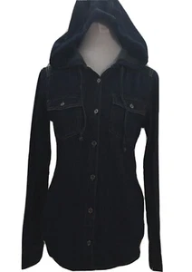 Columbia Womens XS Hooded Dark Denim Shirt Long Sleeves Buttons Up Chest Pockets - Picture 1 of 13