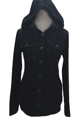 Columbia Womens XS Hooded Dark Denim Shirt Long Sleeves Buttons Up Chest Pockets Foto 1 de 4