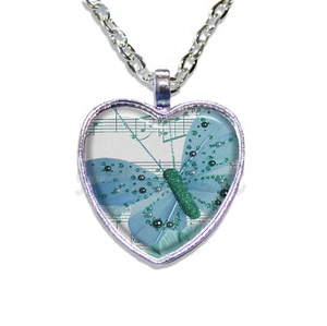 Turquoise Butterfly Music Lovers Handmade HEART-shaped glass pendant necklace - Picture 1 of 5