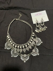 Park Lane Jeweled Pewter Silver Scalloped Bib Necklace & Dangle Earrings Cloth - Picture 1 of 6