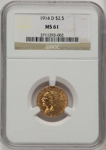 1914-D INDIAN HEAD $2.5 QUARTER EAGLE GOLD NGC MS61 - Picture 1 of 4