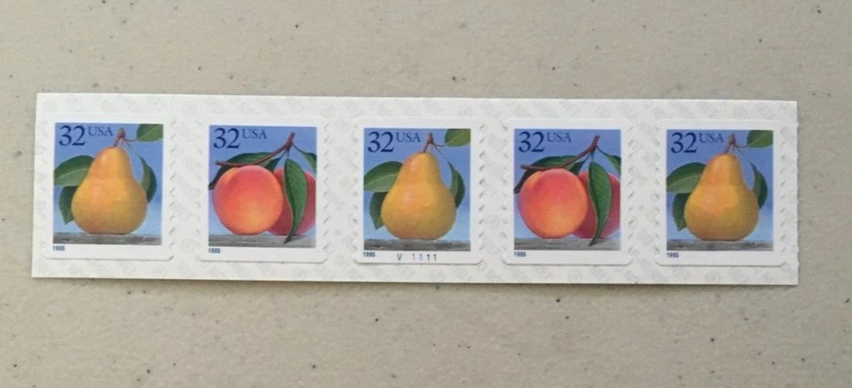 #2495-95A 32 cent PEACH AND PEAR V11111 Plate # Coil Strip of 5 Stamps #2495A - Image 1 of 1
