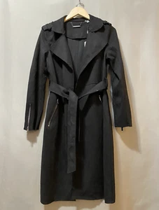 NWT TAHARI Women Notched Open Belted Faux Leather Suede Trench Coat Size M Black - Picture 1 of 20