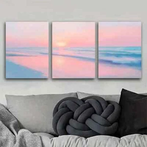 3pcs Beach Warm Blue Waves and Pink Sky Wall Art  Canvas Unframed/Framed - Picture 1 of 10