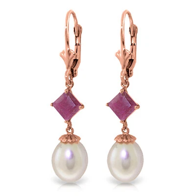 9.5 CTW 14K Solid Rose Gold Leverback Earrings Natural pearl Ruby - Image 1 of 3