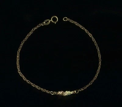 10K Solid Yellow Rose Gold Flower & 7" 14K Gold Filled Patina Chain Bracelet qs - Image 1 of 2