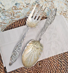 Wittling Maiglöckchen Sterlingsilber massiv Salat Servier Set Löffel & Gabel - Bild 1 von 13