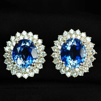 925纯银耳环椭圆形生动蓝色蓝宝石12.70克拉手工制作X'mas — 第 1/4 张图片