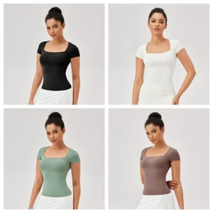 Women Short Sleeve Square Neck T-Shirt Fitness Running Quick Dry Sports Tops - Picture 1 of 16