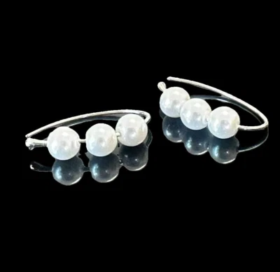925 Sterling Silver 5.5mm White Shell Pearl Channel-Set 1'' Earrings Hoop - Image 1 of 4