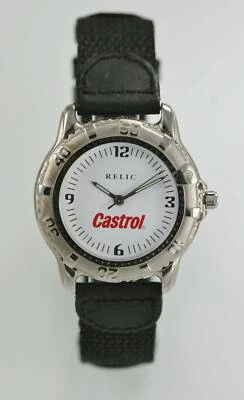 Reloj Reliquia Hombre Castrol Logo Blanco Inoxidable Plata Negro Nylon Cuero Cuarzo Foto 1 de 3