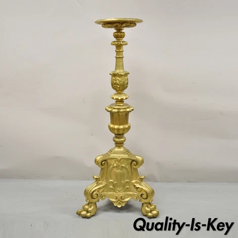 Large Antique 64" Caved Wood Gold Giltwood Empire Pedestal Candlestick Pricket Cover