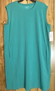 NEW Eileen Fisher L Pima Cotton Stretch Jersey Round Neck Dress Sea Star Green - Picture 1 of 4