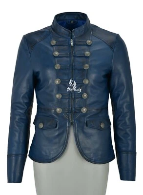 SCARLET Ladies Leather Jacket Blue Studded Military Style Real Leather Jacket - Image 1 of 4