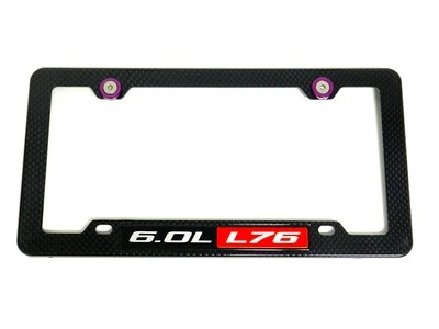 6.0L L76 CARBON FIBER LOOK LICENSE PLATE FRAME W/ 2 PURPLE WASHERS & BOLTS  - Image 1 of 4