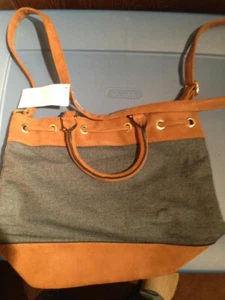 Minicci Handbag Purse-Two Tone Denim Canvas Brown Soft Leather-New! - Picture 1 of 2