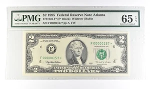 1995 $2 Atlanta GA FRN Fr#1936-F* Star Error Gem Unc 65 EPQ PMG Low Serial *5468 - Picture 1 of 3