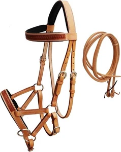 Horse Western English Leather Bitless Sidepull Bridle W/Split Reins 77RS30 - Picture 1 of 1