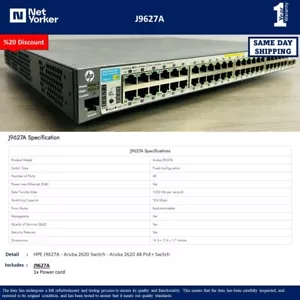 HP J9627A E2620-48 48 Port 10/100 PoE+ Ethernet Switch - Same Day Shipping - Picture 1 of 8