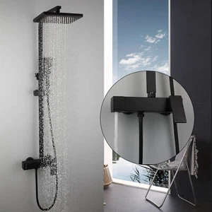 Matte Black Bathroom Shower Faucet Rectangle Rain Head+Hand Held Spray Mixer Tap - Picture 1 of 20