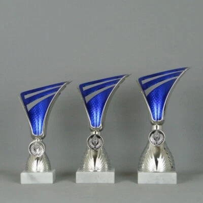 HR POKALE 3er Serie Pokale /19-17cm / silber blau/ mit Gravur+Emblem / kompl. MONTIERT