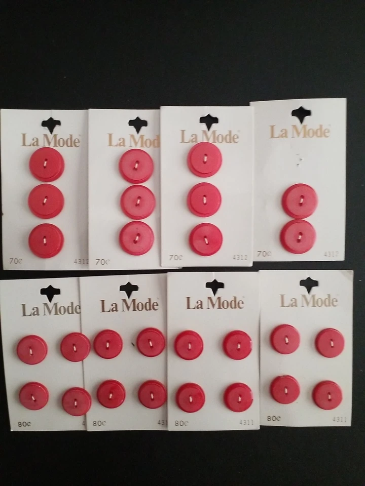 La Mode Red Buttons 4 Cards 4312  3/4" Missing 1 Button- 4 Cards 4311  5/8"  - Image 1 of 1