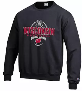 Wisconsin Badgers Black Football Powerblend Champion Crew Sweatshirt - Picture 1 of 5