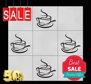 Coffee Cups Vinyl Wall Tile Stickers Decals Kitchen Home Decor Pack of 12 Black - Picture 1 of 1