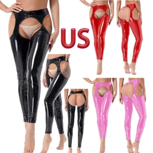 Damen Wetlook Lackleder Hose Aushöhlen Tanzhose Strumpfhose Strapshalter - Bild 1 von 47
