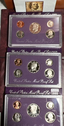 3 Year Run US Proof Sets 1991, 1992, 1993. 15 Different Proof Coins. Shown X1105 Cover