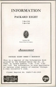 Packard Eight Information Manual 1929 modelos 7-26, 7-33, 7-40, 7-45 - Imagen 1 de 5