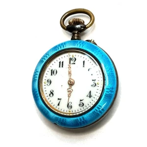 Antike Argent Dore Silber Guilloche Blau Emaille Damen Taschenuhr Swiss - Bild 1 von 9