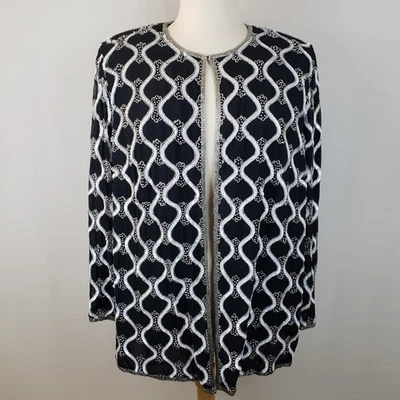 Papell Boutique Evening Jacket 3X Sequined Silk Black White Tunic Length Elegant - Image 1 of 4