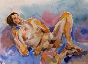 portrait of a naked man lying down, with penis censored, Watercolor abstract Art - Picture 1 of 8