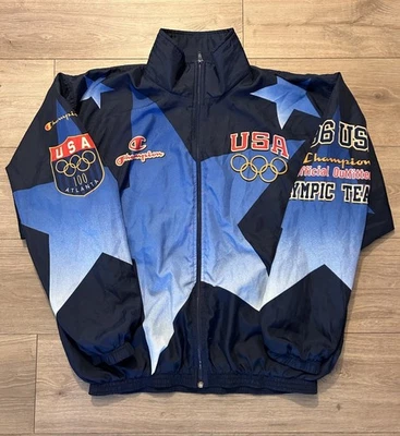 Jaqueta masculina vintage campeã 1996 equipe olímpica dos EUA tamanho XL corta-vento AOP EUC - Imagem 1 de 4