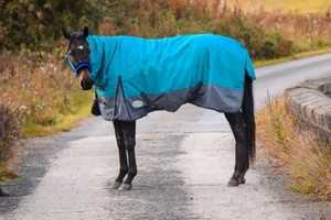 1200D Turnout leichte Pferdedecke wasserdicht Vollkombi Hals aqua/grau - Bild 1 von 6