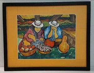 H. Tovar Watercolor & Ink Andean Market Scene Two Women Colorful Signed Original - Picture 1 of 12