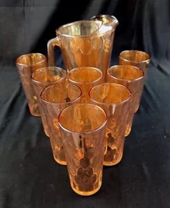 Vintage 9 Stück Jeanette Ringelblume Karneval Glaskrug mit 8 Gläsern Wabenmuster - Bild 1 von 8