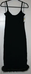 Danielle Bernstein Black Spaghetti Strap Faux Fur Hem Midi Dress Women's Medium - Picture 1 of 5