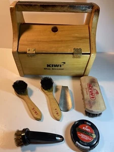 Kiwi Shoe Shine Box Grooming Kit 2 Doors Foot Rest Wooden Brushes Horn Polish - Picture 1 of 12