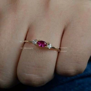 Solid 14K White Gold Natural Oval Ruby Gemstone Solitaire Diamond Ring Jewelry - Picture 1 of 13