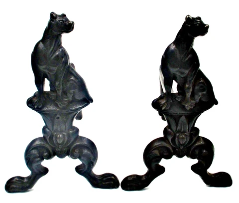 Antique Vintage Great Dane Andirons Black Wrought Iron Dogs Fireplace Rare Set Cover