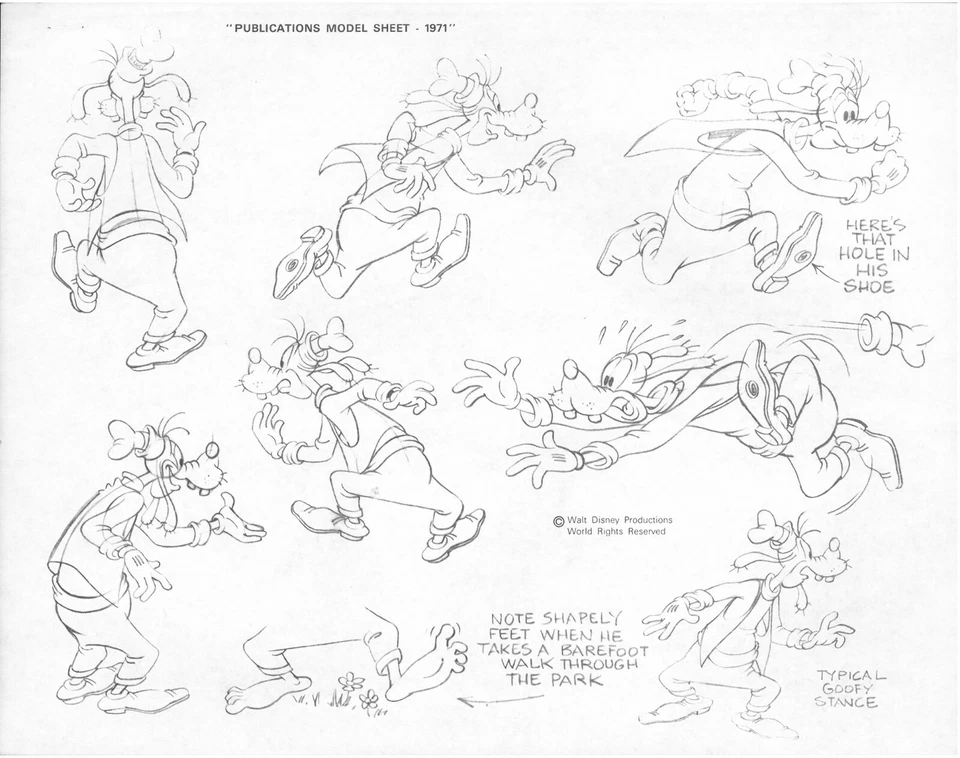 Disney 1971 Publicaciones Modelo Hoja Goofy Varias Poses Animación Arte UF Foto 1 de 1