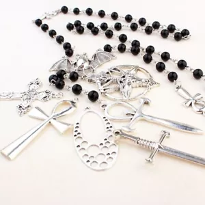 Collana Ankh Croce Pipistrello Lungo Rosario Perline Y2k Punk Maglione Catena Collana - Foto 1 di 12
