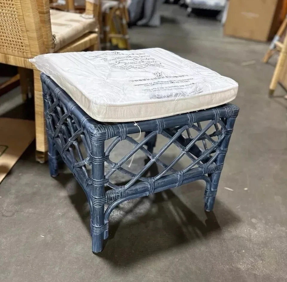 Serena & Lily Avalon Rattan Stool-Vintage Indigo Blue - Image 1 of 1