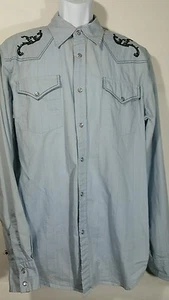 Vintage Guess Pearl Snap Shirt size Large Blue Embroidered Graphic Long Sleeve - Picture 1 of 9