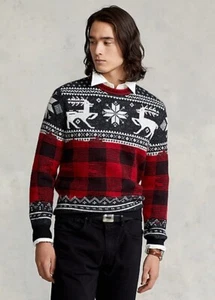 $498+ Polo Ralph Lauren Men’s SZ L Buffalo Check Reindeer Wool Blend Sweater - Picture 1 of 5